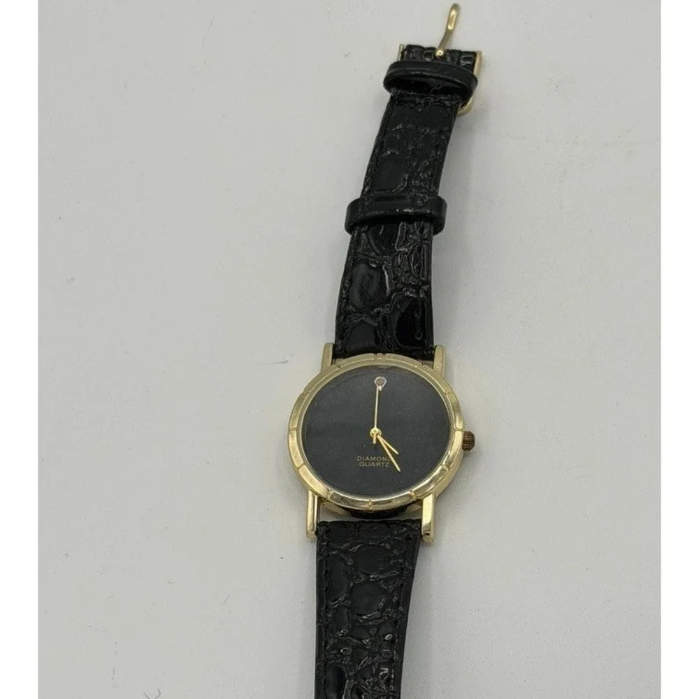 Vintage Diamond Quartz Gold Tone Watch Black Dial Japan Movt Stainless Back